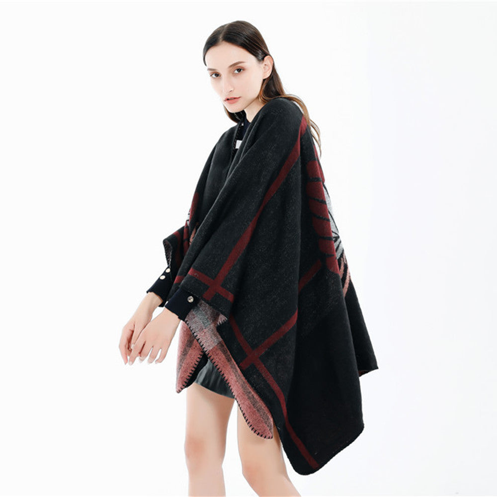 Damen Jacquard-Ruana mit floralem Intarsienmuster und zweifarbiger Wendekante – Avérine
