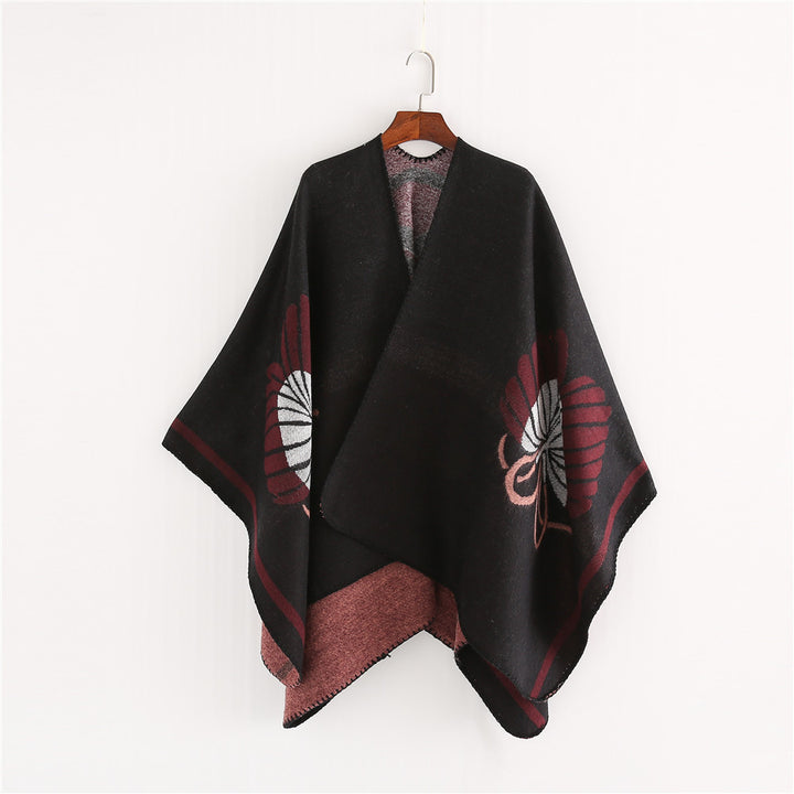 Damen Jacquard-Ruana mit floralem Intarsienmuster und zweifarbiger Wendekante – Avérine