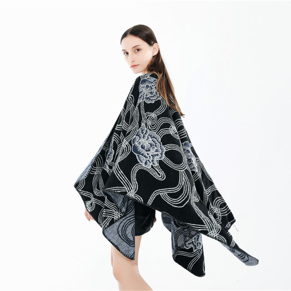 Damen Jacquard‑Ruana mit floralem Relief und kontrastierter Kettelnaht Echo Archiv