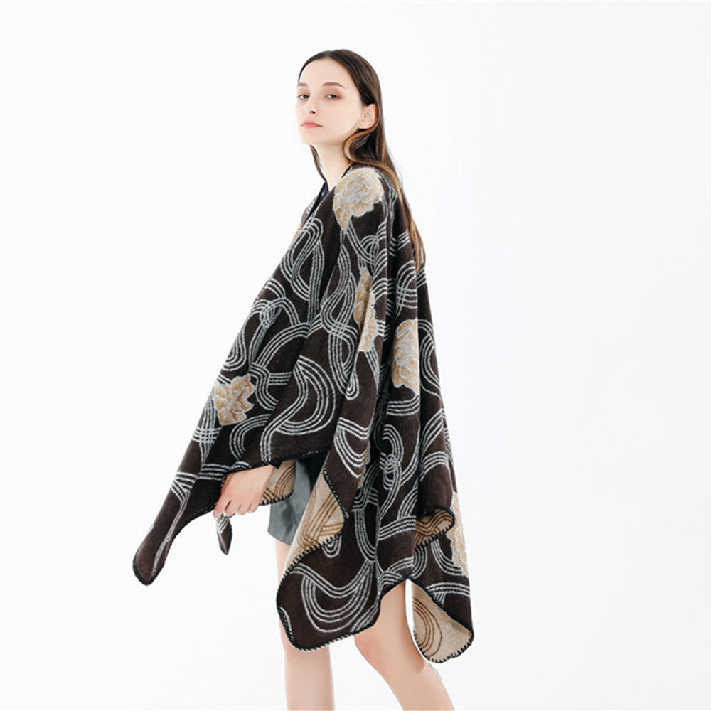 Damen Jacquard‑Ruana mit floralem Relief und kontrastierter Kettelnaht Echo Archiv