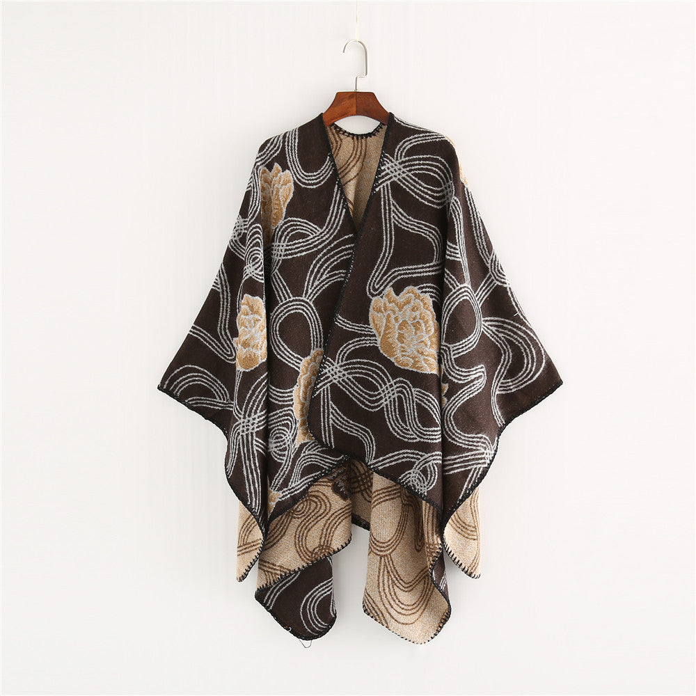 Damen Jacquard‑Ruana mit floralem Relief und kontrastierter Kettelnaht Echo Archiv
