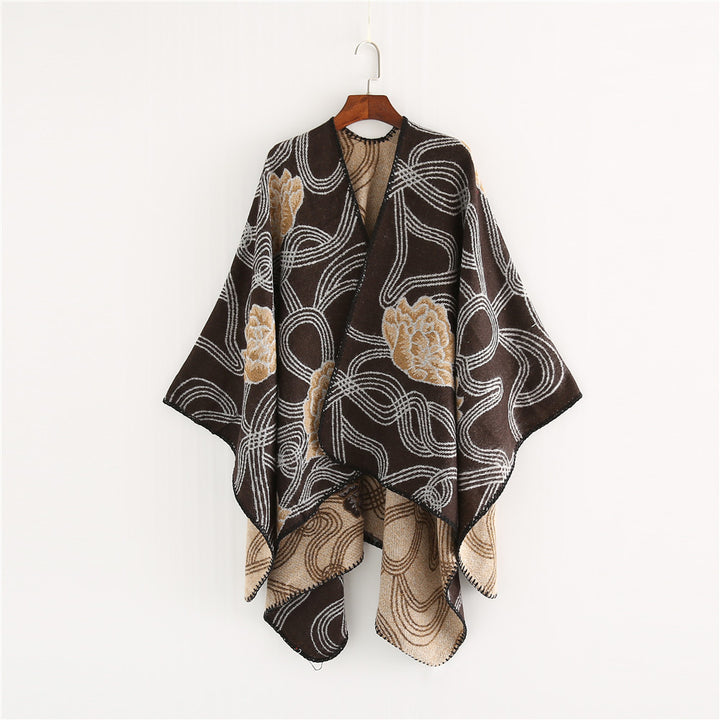 Damen Jacquard‑Ruana mit floralem Relief und kontrastierter Kettelnaht Echo Archiv