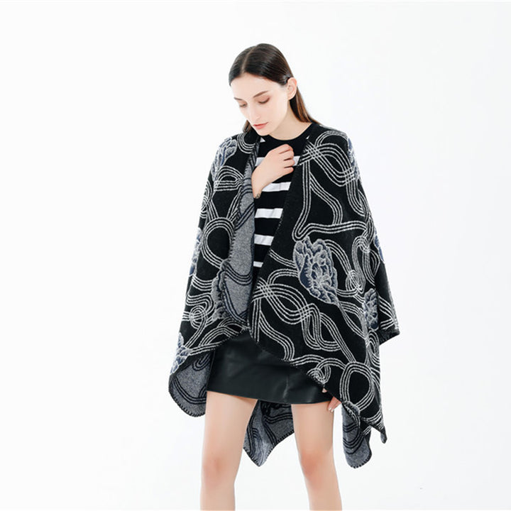 Damen Jacquard‑Ruana mit floralem Relief und kontrastierter Kettelnaht Echo Archiv