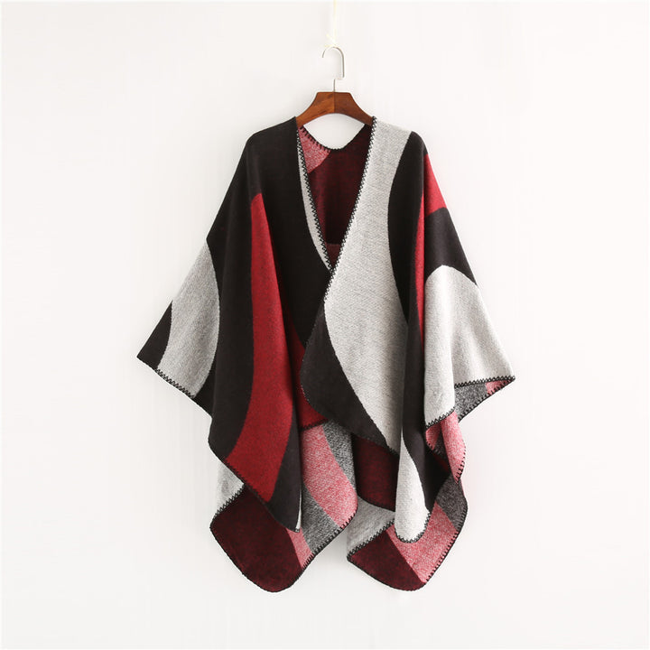 Damen Weichfallender Cape‑Überwurf im Oversize‑Ruana‑Stil mit kontrastierenden Rundflächen und Zierkettnaht – Célinea