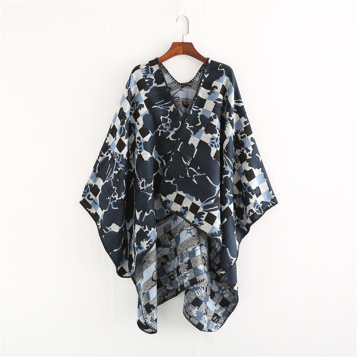 Damen Oversize-Ruana mit V-Ausschnitt und Jacquard-Karo-Floralmuster Echo Archiv