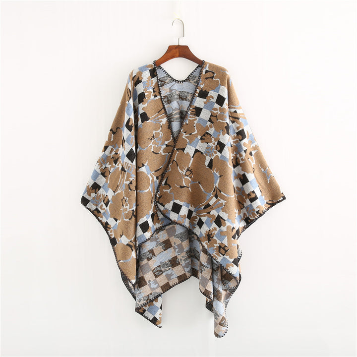 Damen Oversize-Ruana mit V-Ausschnitt und Jacquard-Karo-Floralmuster Echo Archiv