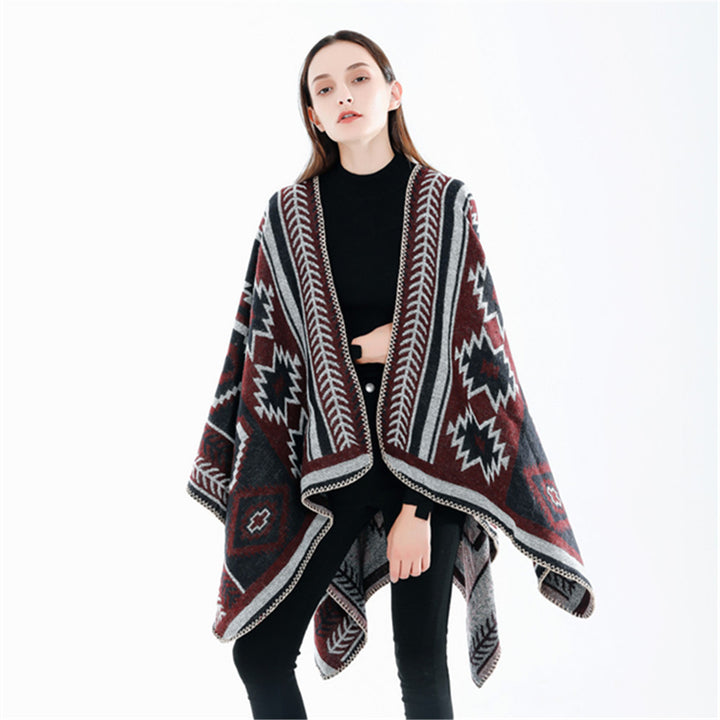 Damen Ethno‑Jacquard Ruana‑Poncho mit kastigem Oversize‑Fall und Zierkettelnaht Echo Archiv