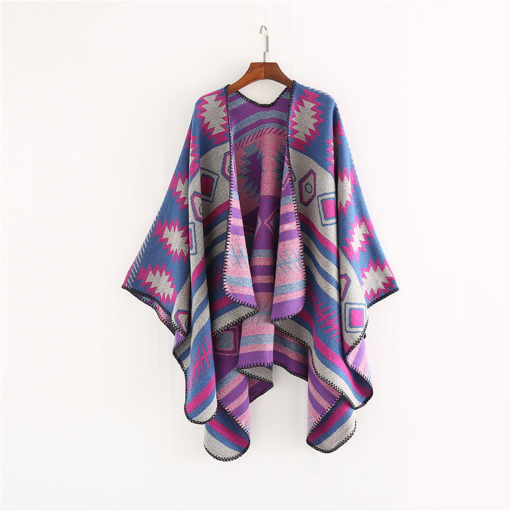 Damen Gewebter Jacquard-Ruana-Poncho mit geometrischem Ethno-Muster Echo Archiv