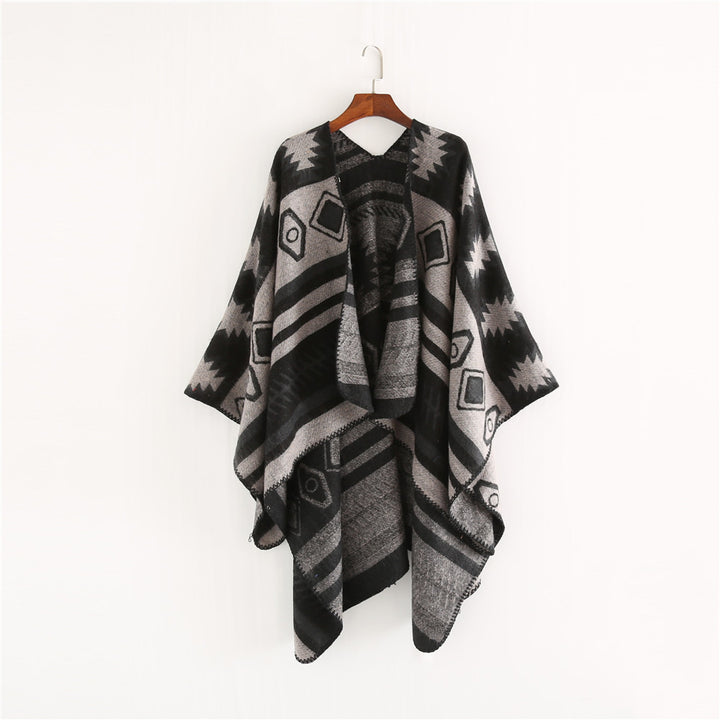 Damen Gewebter Jacquard-Ruana-Poncho mit geometrischem Ethno-Muster Echo Archiv