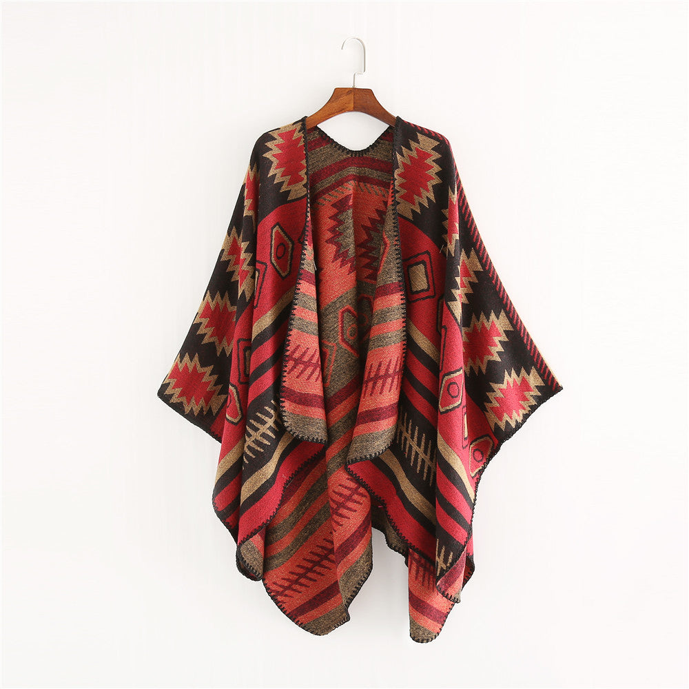 Damen Gewebter Jacquard-Ruana-Poncho mit geometrischem Ethno-Muster Echo Archiv