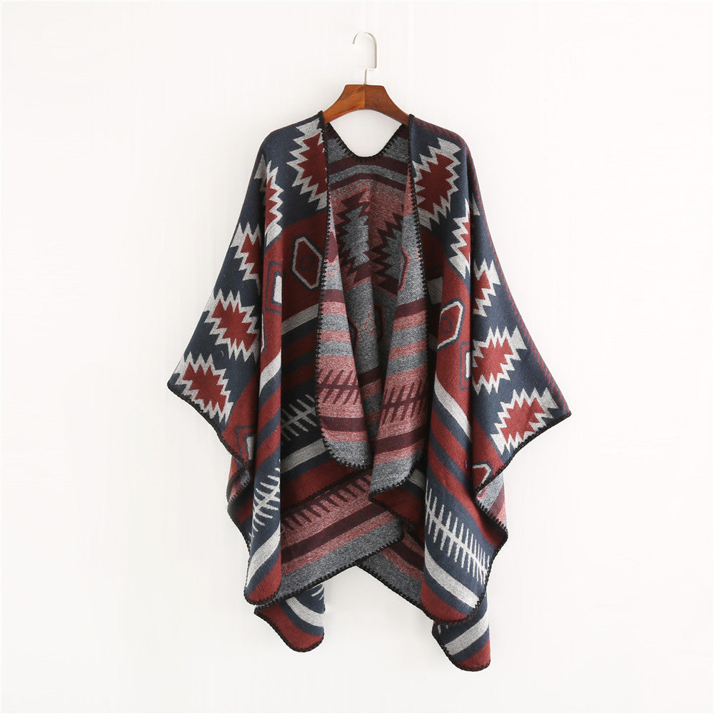 Damen Gewebter Jacquard-Ruana-Poncho mit geometrischem Ethno-Muster Echo Archiv