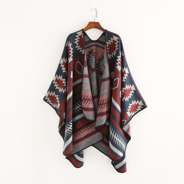 Damen Gewebter Jacquard-Ruana-Poncho mit geometrischem Ethno-Muster Echo Archiv