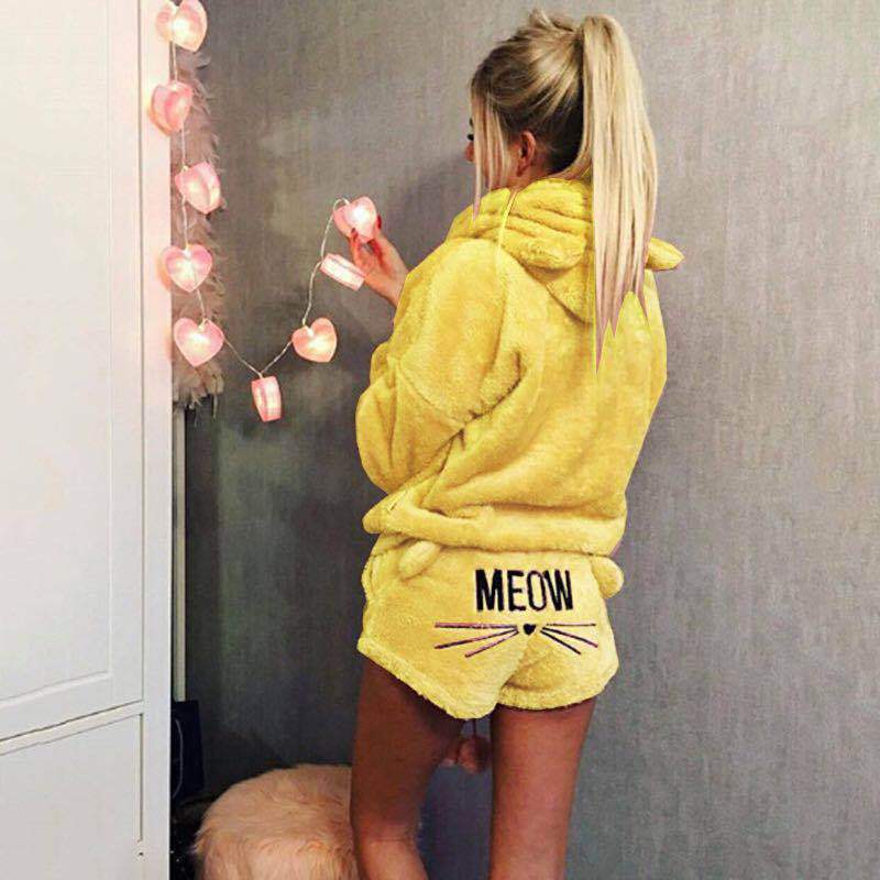Damen nan kuscheliges zweiteiliges Lounge-Set mit Kapuzenpullover und Shorts mit MEOW-Stickerei Echo Archiv