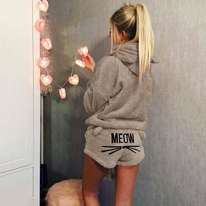 Damen nan kuscheliges zweiteiliges Lounge-Set mit Kapuzenpullover und Shorts mit MEOW-Stickerei Echo Archiv