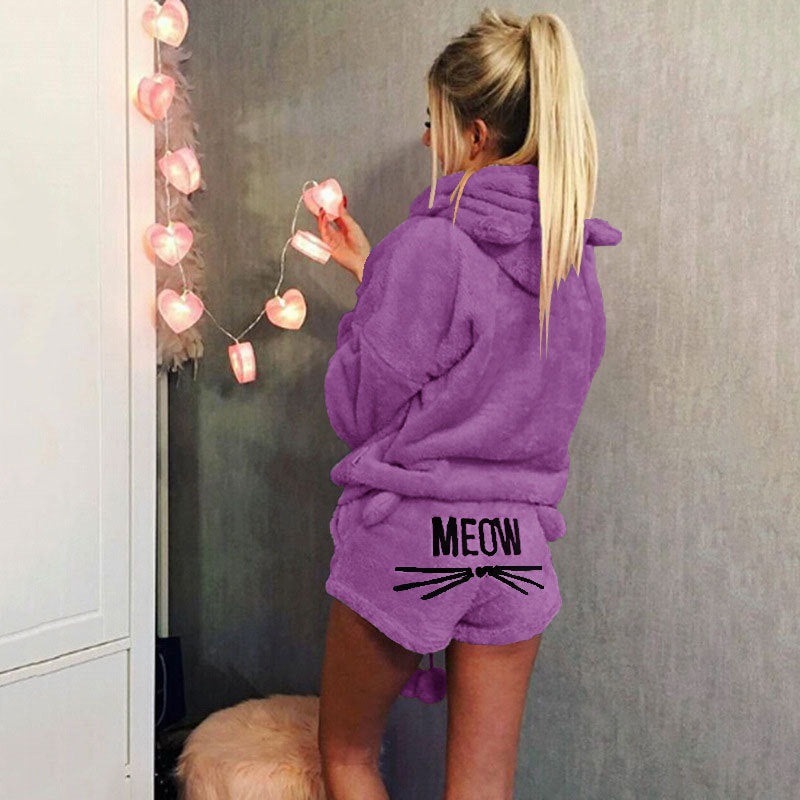 Damen nan kuscheliges zweiteiliges Lounge-Set mit Kapuzenpullover und Shorts mit MEOW-Stickerei Echo Archiv