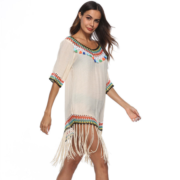 Damen Strandüberwurfkleid mit fransigem Saum und buntem Häkelmuster Echo Archiv