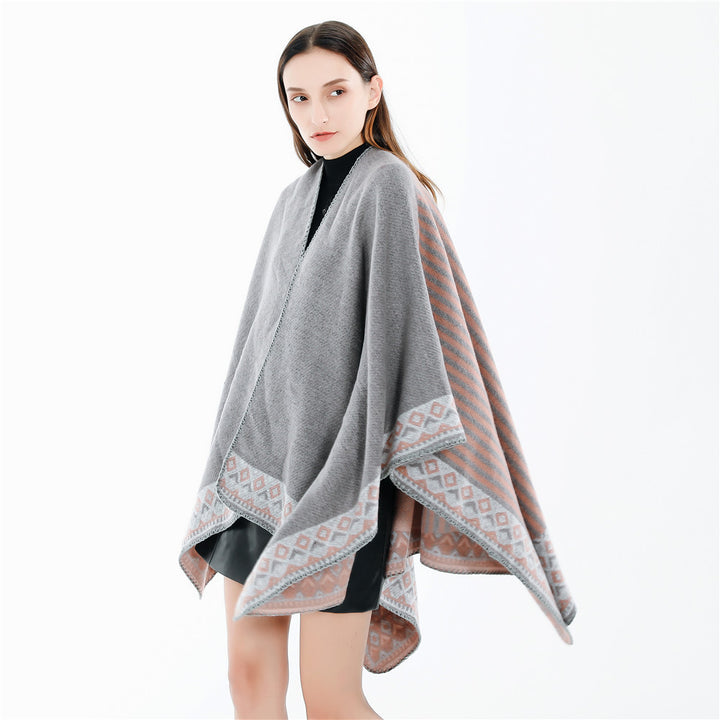 Damen Oversize-Doubleface-Ruana mit gewebter Bordüre und weichem Wollmix Echo Archiv