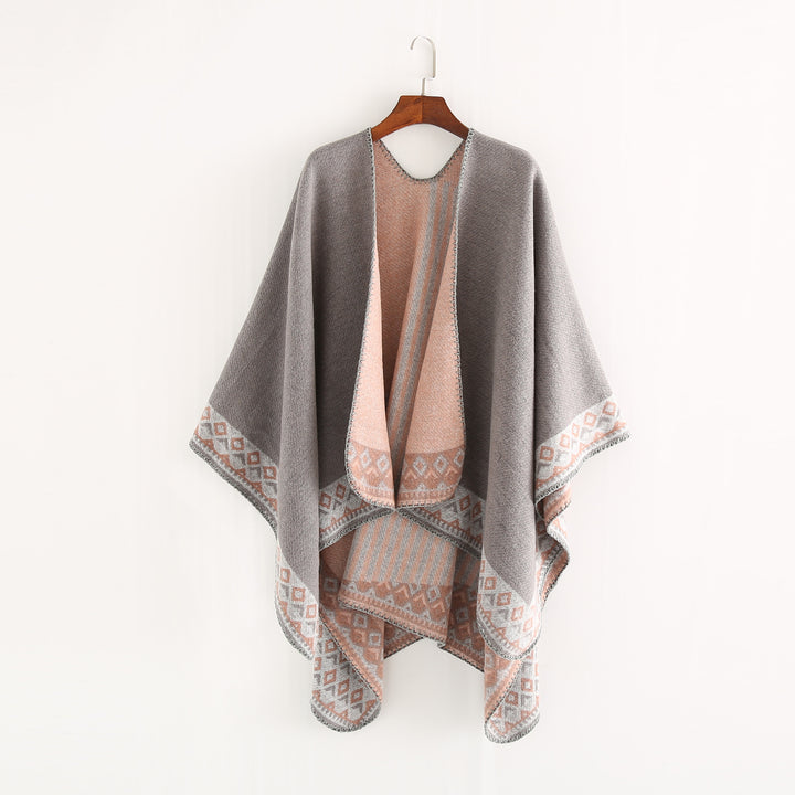 Damen Oversize-Doubleface-Ruana mit gewebter Bordüre und weichem Wollmix Echo Archiv