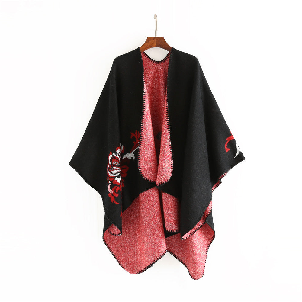 Damen Reversibler Capeponcho aus Wollmix mit floralem Jacquardfutter Echo Archiv