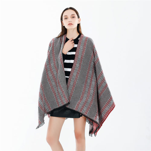 Damen Jacquard‑Ruana‑Poncho mit Fransen und offenem Oversize‑Fall Echo Archiv
