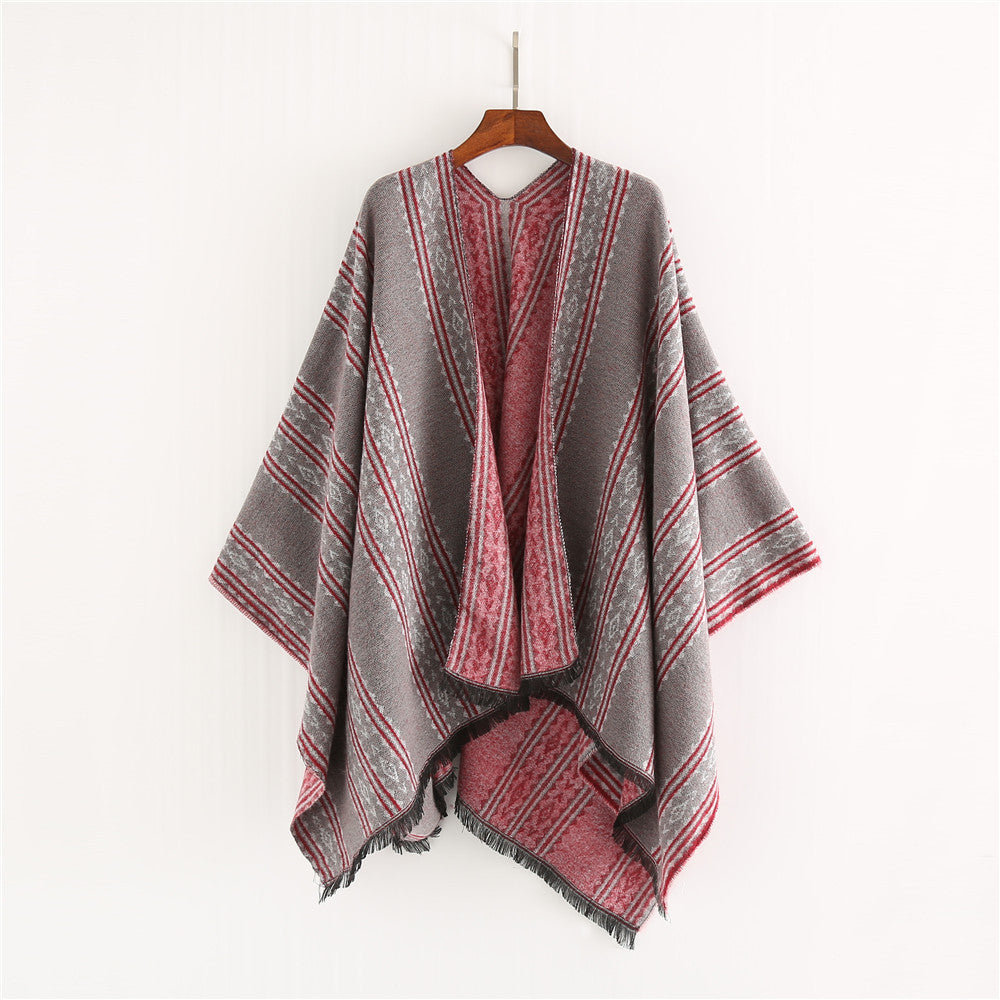 Damen Jacquard‑Ruana‑Poncho mit Fransen und offenem Oversize‑Fall Echo Archiv