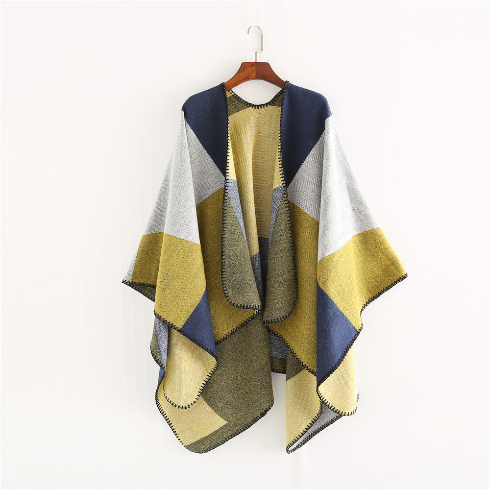 Damen Oversize-Strickruana mit geometrischem Colorblock, offener Front und Zierstichkante – Veloura