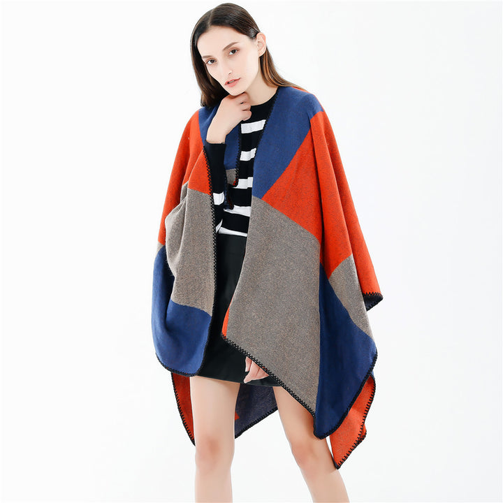 Damen Oversize-Strickruana mit geometrischem Colorblock, offener Front und Zierstichkante – Veloura