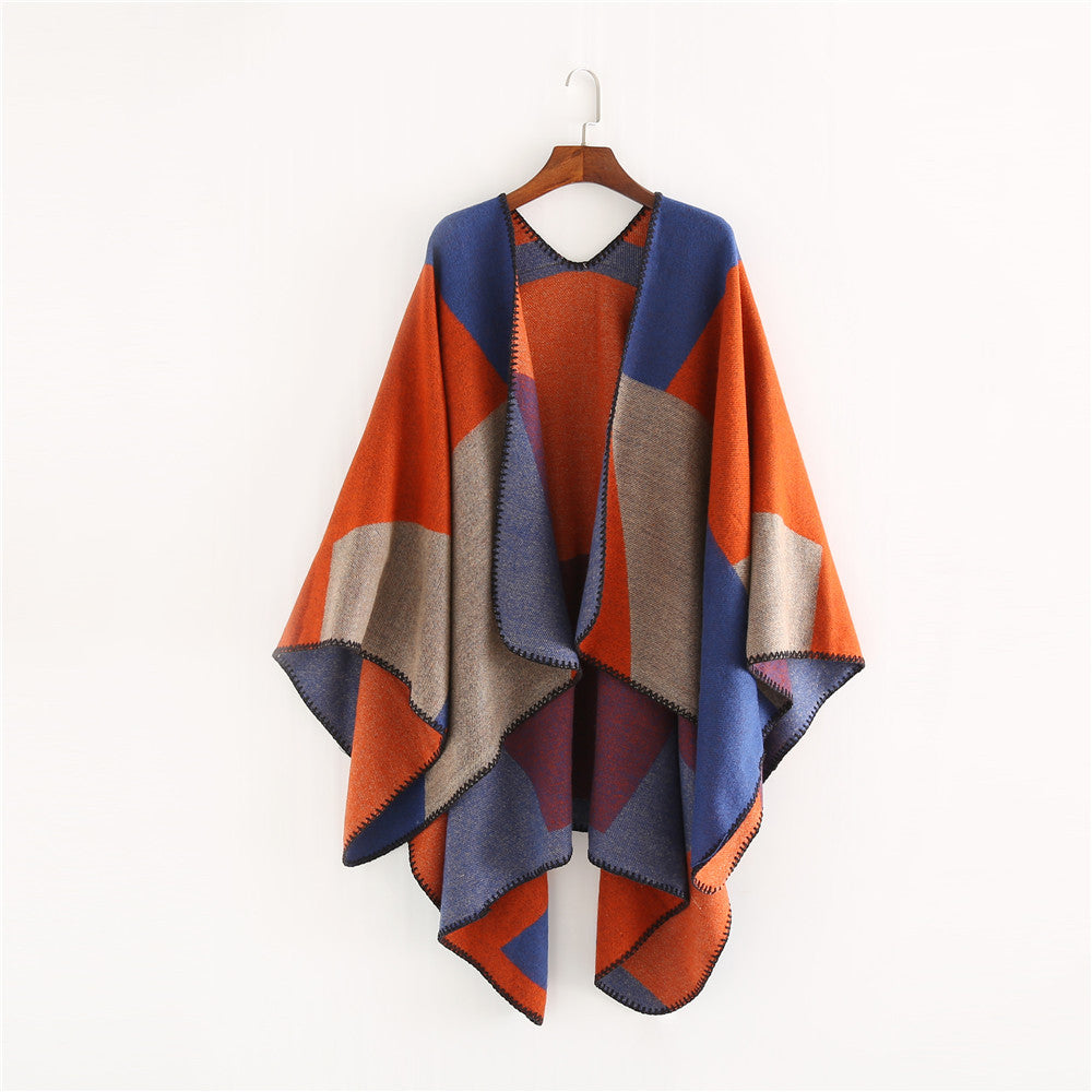 Damen Oversize-Strickruana mit geometrischem Colorblock, offener Front und Zierstichkante – Veloura