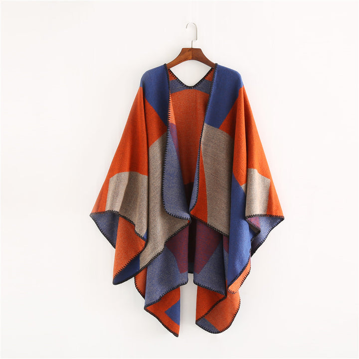 Damen Oversize-Strickruana mit geometrischem Colorblock, offener Front und Zierstichkante – Veloura