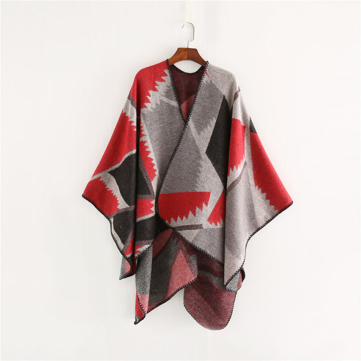 Damen Oversize-Geometrischer Jacquard-Poncho aus Wollmix Echo Archiv