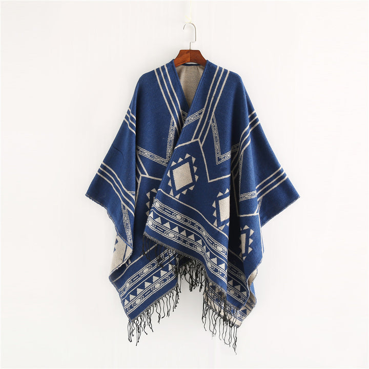 Unisex Ethno-Poncho aus weichem Strick mit Fransen und geometrischem Muster – Taviero