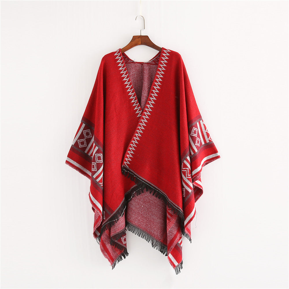 Damen Oversize-Ruana-Poncho im Boho-Ethno-Look aus Wollmix mit V-Ausschnitt und Fransensaum – Célinea