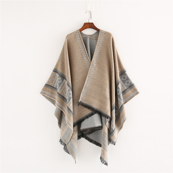 Damen Oversize-Ruana-Poncho im Boho-Ethno-Look aus Wollmix mit V-Ausschnitt und Fransensaum – Célinea