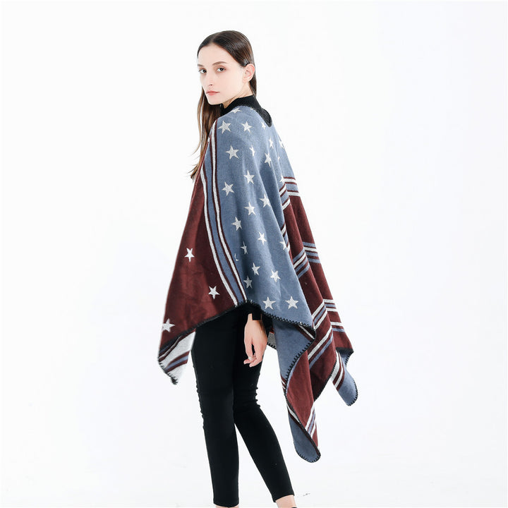 Damen Ruana-Überwurf mit Sternmotiv und zweifarbiger Jacquardkante – Célinea
