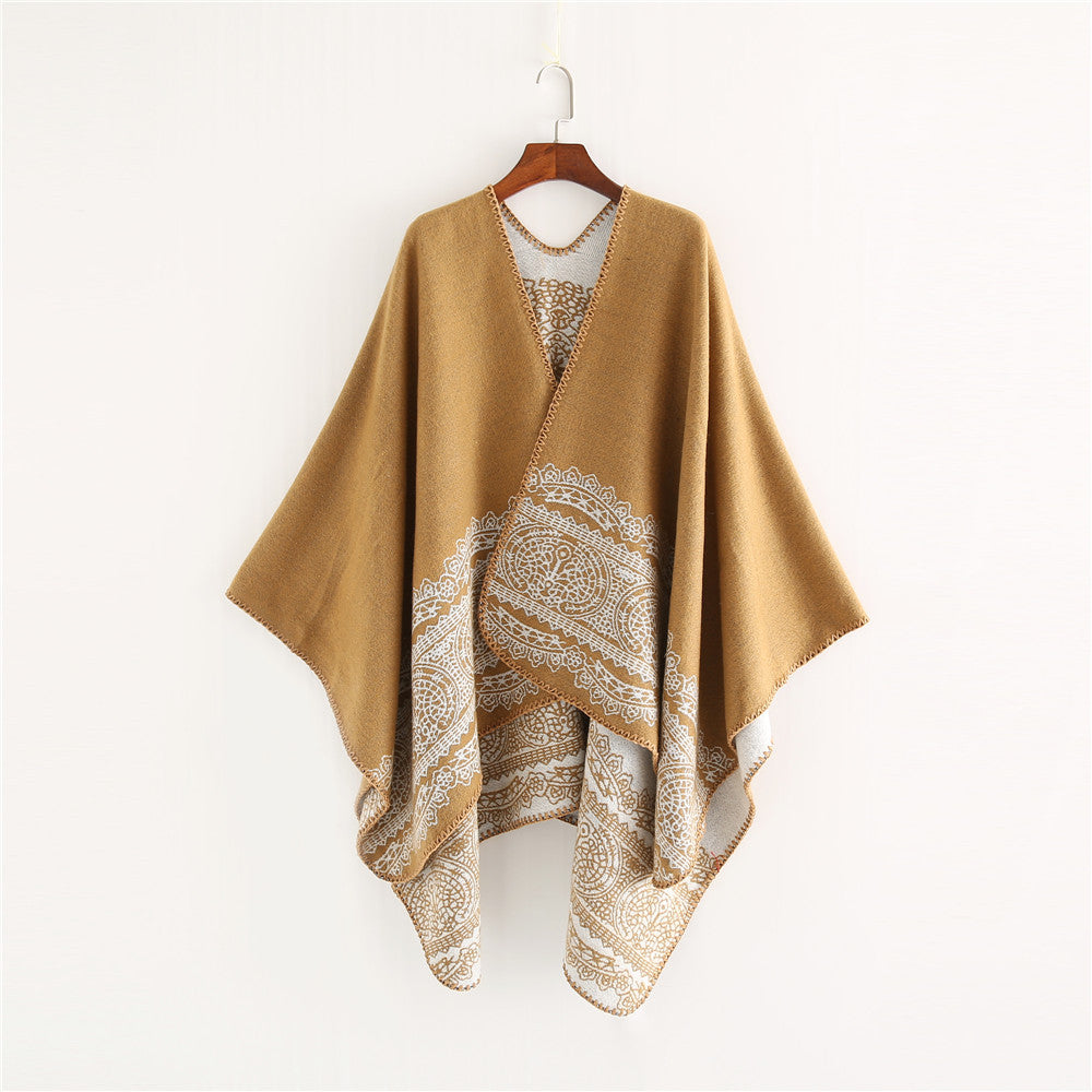 Damen Ornamental gemusterter Ruana‑Poncho mit offenem Kimono‑Fall Echo Archiv