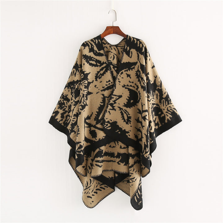 Damen Jacquard‑Ruana‑Überwurf mit floraler Webstruktur und dekorativer Kettelkante – Célinea