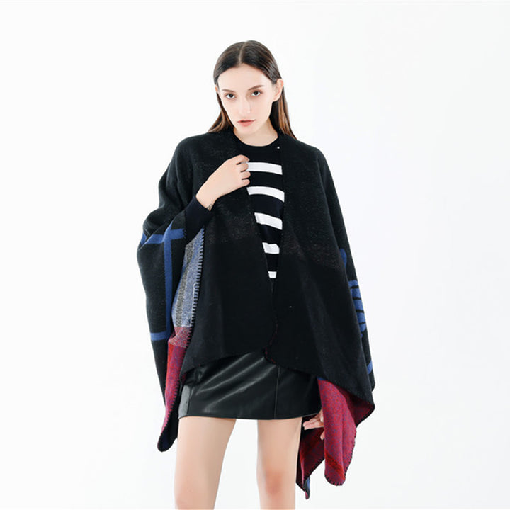 Damen Jacquard-Ruana mit floralem Intarsienmuster und zweifarbiger Wendekante – Avérine
