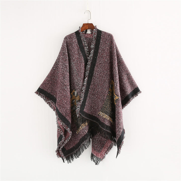 Damen Oversize-Ruana-Poncho im wolligen Mix mit Fransen und Kontrastkante – Montévia