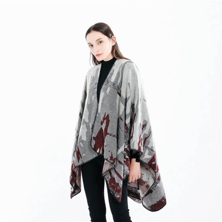 Damen Grobgewebter Kunstfaser-Ruana mit abstraktem Aquarellmuster und Zierkettensaum – Célinea