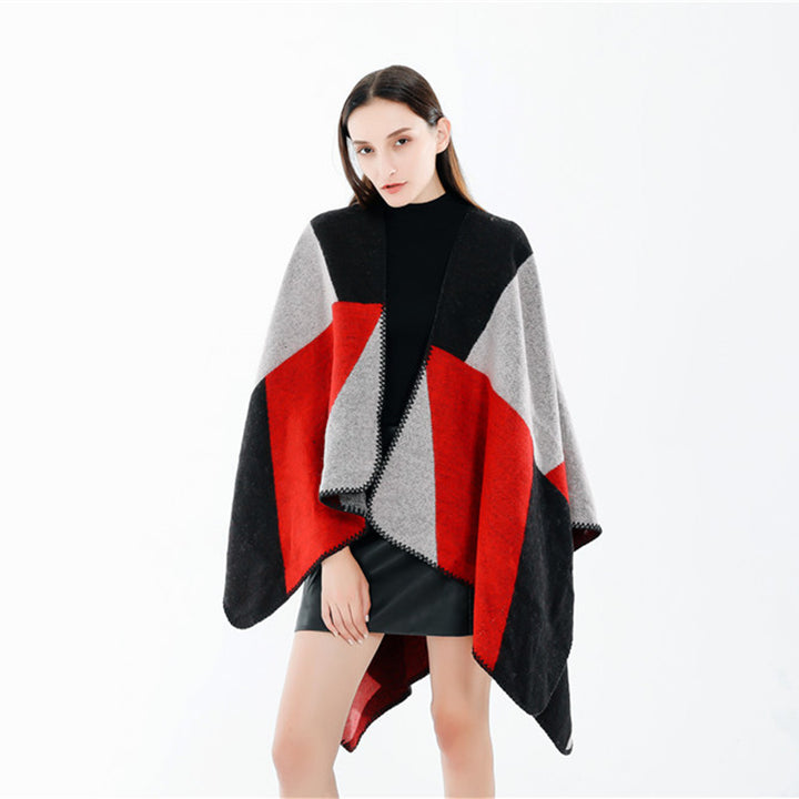 Damen Weichfallender Cape‑Überwurf im Oversize‑Ruana‑Stil mit kontrastierenden Rundflächen und Zierkettnaht – Célinea