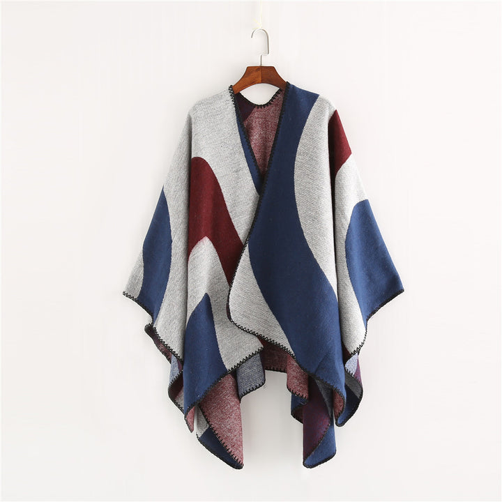 Damen Weichfallender Cape‑Überwurf im Oversize‑Ruana‑Stil mit kontrastierenden Rundflächen und Zierkettnaht – Célinea