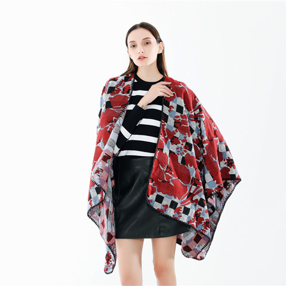 Damen Oversize-Ruana mit V-Ausschnitt und Jacquard-Karo-Floralmuster Echo Archiv