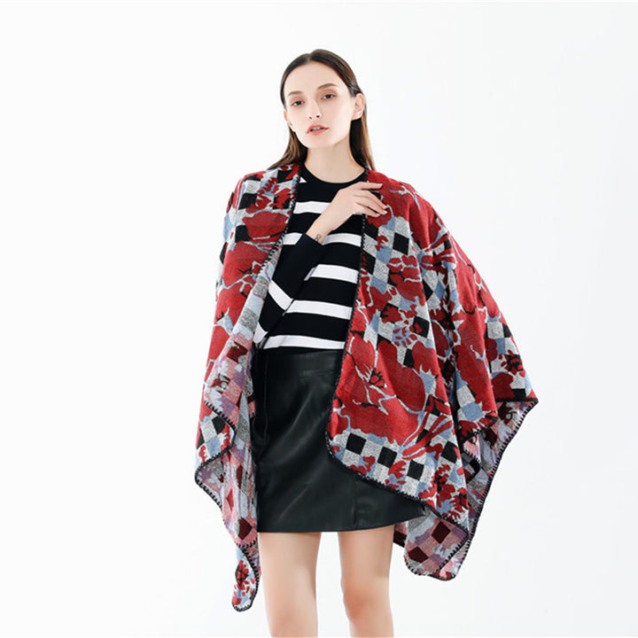 Damen Oversize-Ruana mit V-Ausschnitt und Jacquard-Karo-Floralmuster Echo Archiv