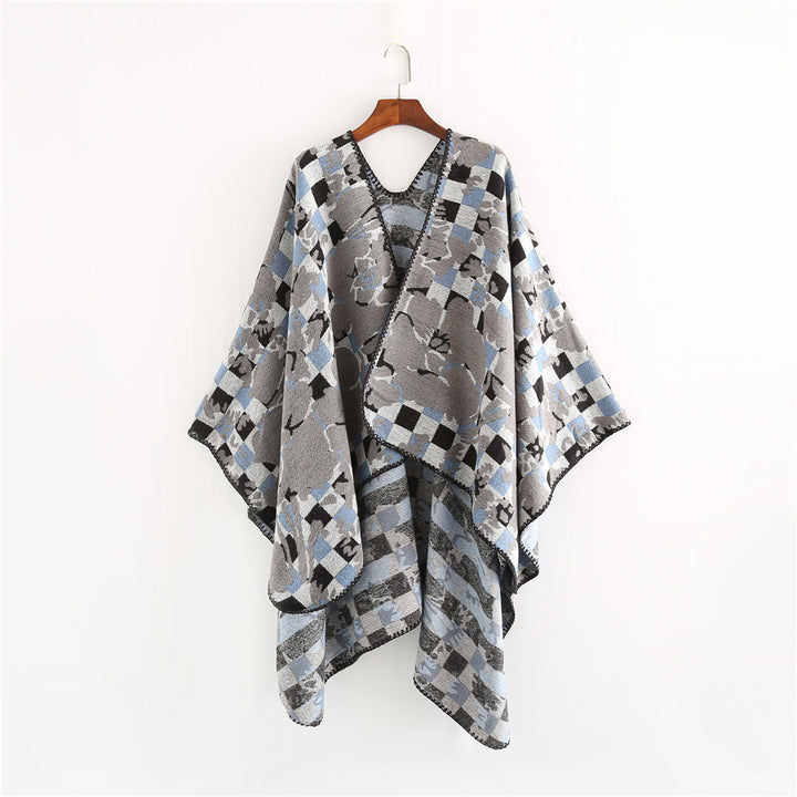 Damen Oversize-Ruana mit V-Ausschnitt und Jacquard-Karo-Floralmuster Echo Archiv