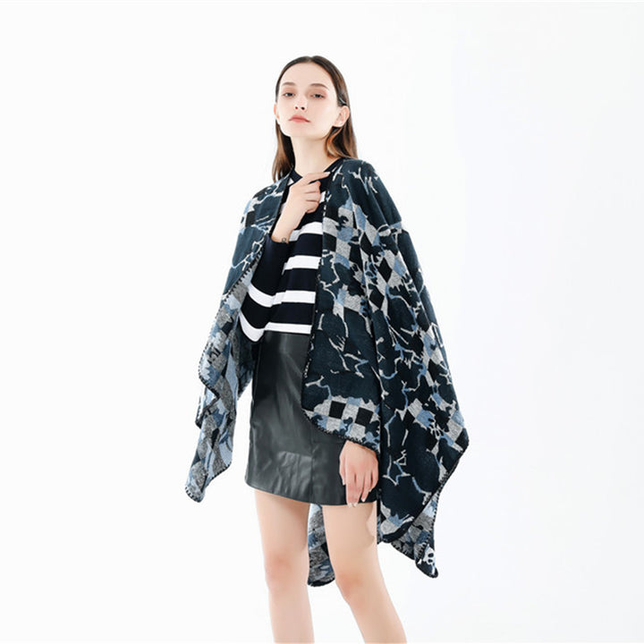 Damen Oversize-Ruana mit V-Ausschnitt und Jacquard-Karo-Floralmuster Echo Archiv