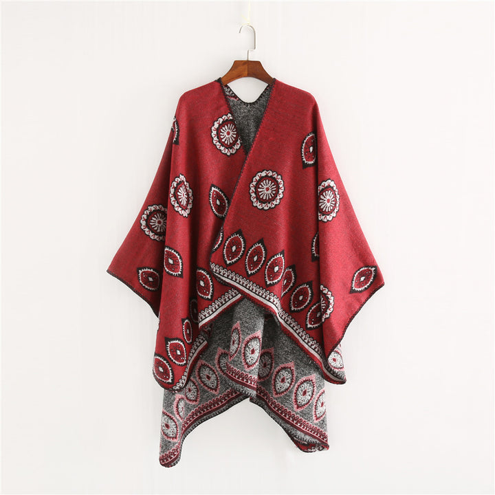 Damen Oversize-Ruana mit gewebtem Medaillon‑Jacquard und offenem Kimono‑Fall Echo Archiv
