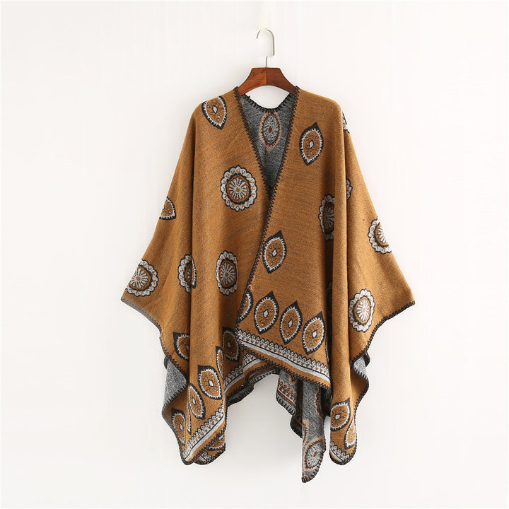 Damen Oversize-Ruana mit gewebtem Medaillon‑Jacquard und offenem Kimono‑Fall Echo Archiv