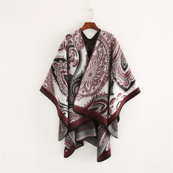 Damen Oversize-Ruana-Überwurf mit Paisley-Jacquard und Zierstichkante – Célinea