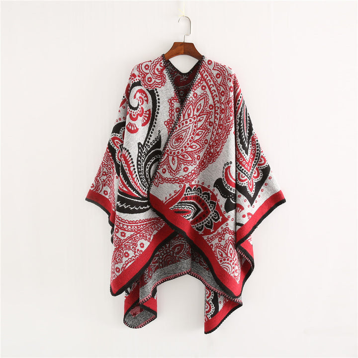 Damen Oversize-Ruana-Überwurf mit Paisley-Jacquard und Zierstichkante – Célinea
