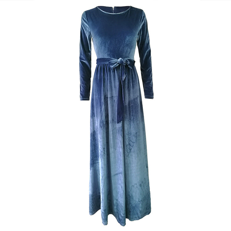 Damen Maxikleid aus Samt mit Taillengürtel und langem A‑Linien‑Rock Echoarchiv